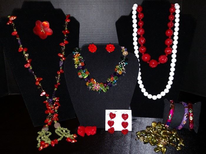 Semi-precious uncut nugget necklaces, Alexis Bitar pin, costume jewelry