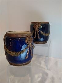 Pair of antique porcelain ormolu cachepots