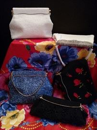 Five vintage beaded handbags and silk scarf