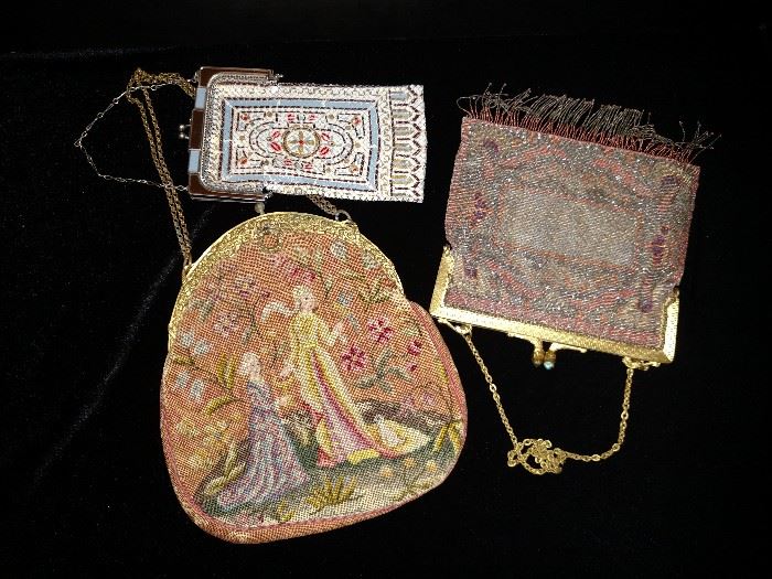 Antique metal mesh evening bag,  petit point antique bag and an antique beaded bag 