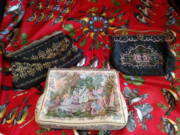 Three vintage handbags and silk bird scarf