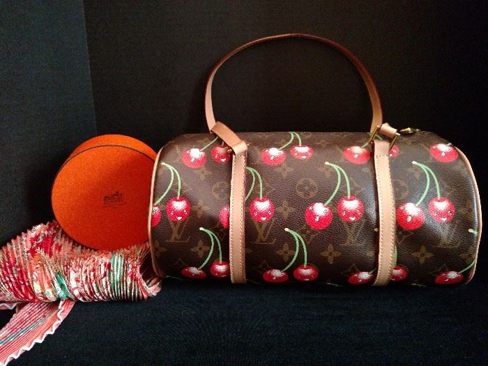Louis Vuitton cherry bag with Hermes silk scarf