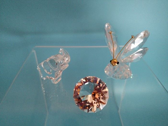 Swarovski miniature elephant, butterfly and diamond
