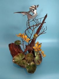 Norman Brumm enamel on copper bird and flowers sculpture on driftwood