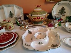 Spode Christmas tree, Fitz & Floyd holiday china serving pieces
