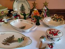 Spode Christmas tree, Fitz & Floyd holiday china serving pieces