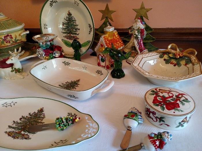 Spode Christmas tree, Fitz & Floyd holiday china serving pieces