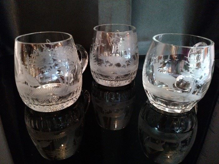 Antique etched crystal mugs, set of six