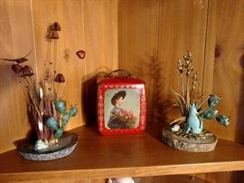 Antique English tin with a pair of metal and stone art sculptures  