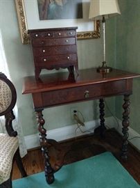 Antique English single drawer table with carved twist legs together with an antique miniature chest