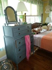 Painted tall chest with matching mirror