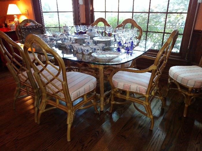 Lane Furniture Co. bamboo chairs and glass top table, six side chairs and two armchairs