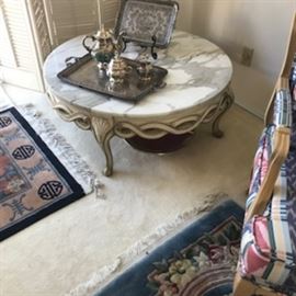 Marble Circular Table sitting on a wooden carved platform: 40" diameter 