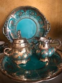 Gorgeous tea set with plates , silver and turquoise inlays from  Germany the   set  is   appraised  at  $2000