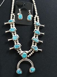 Squash Blossom Navajo sterling and turquoise necklace and earrings