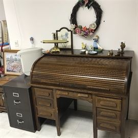 Vintage roll-top desk, and a Two drawer fire-proof file cabinet