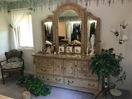Large dresser with triple mirror in pickled pine