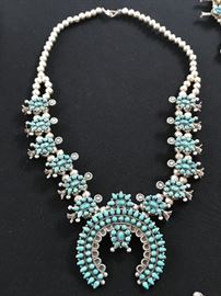 Great Sterling & Turquoise Zuni squash blossom necklace