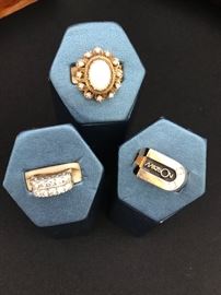 Top: 14k gold and opal ring;  Bottom left: 14k white gold and diamonds; Bottom right: "Matson" 10k gold and diamonds heavy ring.  NO GOLD or SILVER on site until sale date.