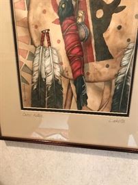 Detail of previously pictured artwork showing title, "Crow Killer" and tribe, "Lakota". 