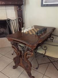 Leather Inlaid Game Table with Gold Trim, Carved Swans on Each Side, Wrought Iron Chairs, Chest Pieces