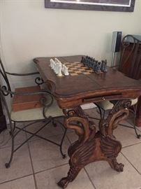 Leather Inlaid Game Table with Gold Trim, Carved Swans on Each Side, Wrought Iron Chairs, Chest Pieces