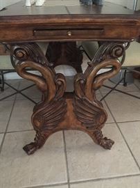 Leather Inlaid Game Table with Gold Trim, Carved Swans on Each Side