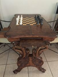 Leather Inlaid Game Table with Gold Trim, Carved Swans on Each Side, Chest Pieces