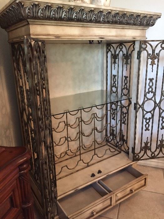 Wrought Iron Cage Style Wine/Liquor Cabinet ~ Interior, Showing Drawers, Wine Rack, Shelving for Stemware