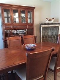 Lighted China Cabinet with Plate Holders, Wine Glass Holders, Dining Table ~ One Leaf Seats Six, Wrought Iron Cage Style Wine/Liquor Cabinet, Talavera Style Bowl