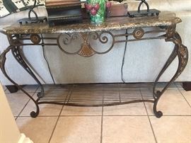 Ornate Wrought Iron Marble Top Console Table, Lamps, Household Décor, Majolica Style Pottery
