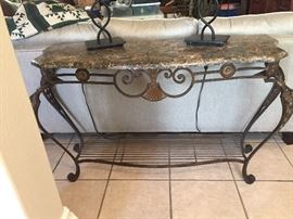Ornate Wrought Iron Marble Top Console Table, Lamps