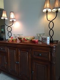 Sideboard/Buffet with Built in Wine Rack, Margarita Glasses, Wrought Iron Lamps, Pottery