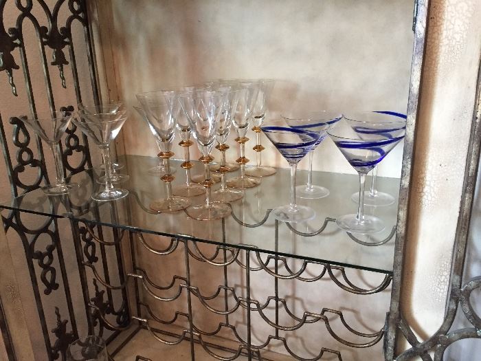 Wrought Iron Cage Style Wine/Liquor Cabinet ~ Interior, Showing Drawers, Wine Rack, Shelving for Stemware, Martini Glasses, Poland Gold Stem Martini Glasses, Cobalt Blue Swirl Martini Glasses