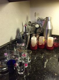 Assorted Bar Utensils and Glassware