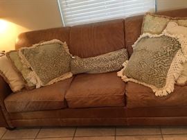 Leather Sofa, Throw Pillows