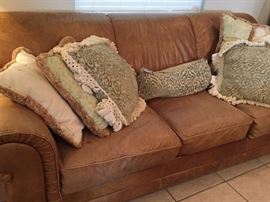 Leather Sofa, Throw Pillows