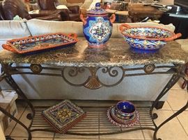 Ornate Wrought Iron Marble Top Console Table, Talavera Pottery