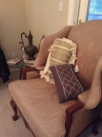 Oversized Leather Side Chairs, Wrought Iron Glass Top Table, Brass Genie Lamp