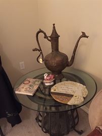 Wrought Iron Glass Top Lamp Table, Brass Genie Lamp, Angel Decor