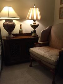 Lamps, Oversized Leather Arm Chair, Oversized Nightstand Table with Wrought Iron In-lay