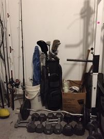 Fishing Poles and Equipment, Callaway Golf Clubs and Bag, Dumbbells, Weider Weight Center