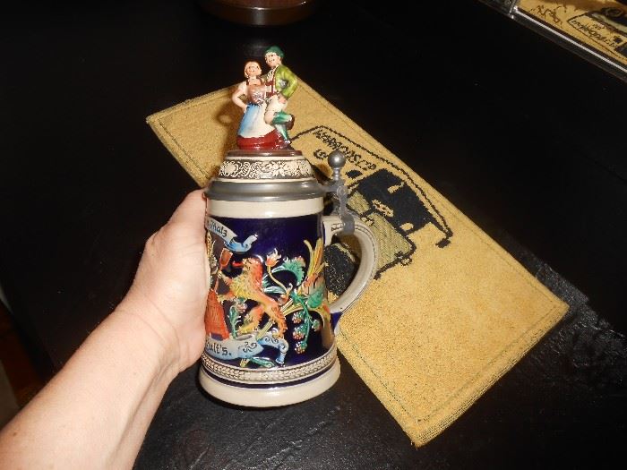 Beer stein with dancers atop the lid, gorgeous!