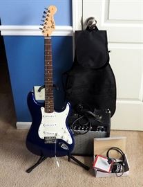 Fender Squier Strat Electric Guitar Model SN1C081227858 In Soft Case With Stand, Head Set And Fender Frontman 15G Amp