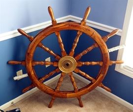 Wood Ship Wheel 4' Diameter With Brass Center and Rope Handles