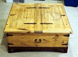 Rustic Pine Coffee Table With Iron Accents And Storage 16.5"H x 38" x 38"