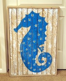 Painted Blue Sea Horse Signed Big Fish 2012 On Distressed Wood, 36" x 25"