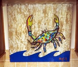 Painted Multi-Colored Crab On Distressed Wood Signed Big Fish, 32" x 30"