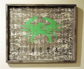 Painted Green Crab "Costal" On Distressed Wood, 23.5" x 19.5"