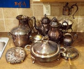 Silver Plate Coffee Pot, Tea Pot, Water Pitcher, Sugar, Creamer And More